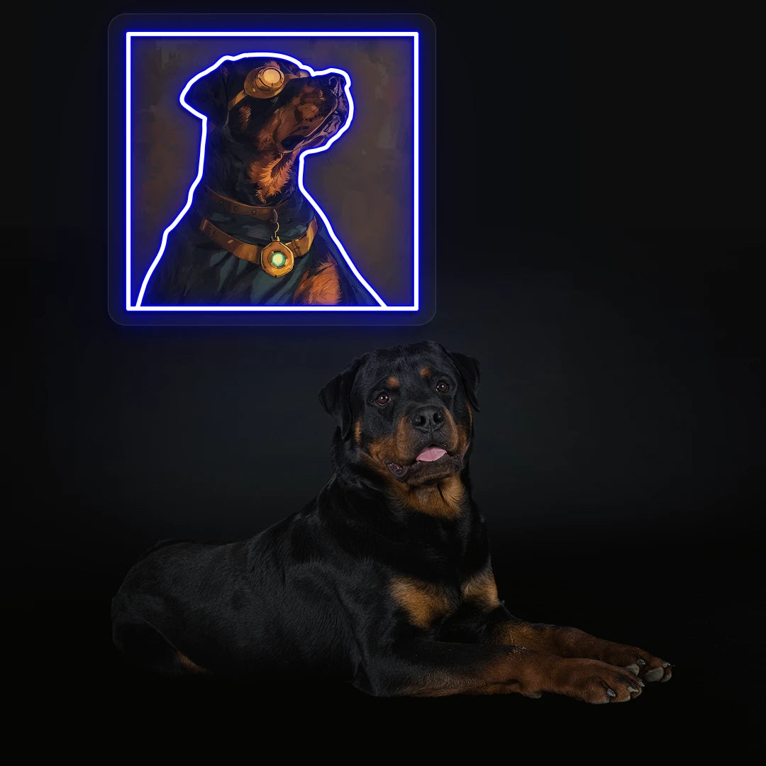 Steampunk Guardian Rottweiler Neon Artwork in blue color