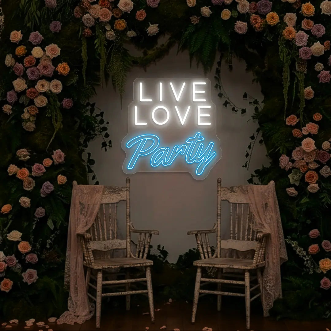 Live Love Party Neon Sign in Iceblue