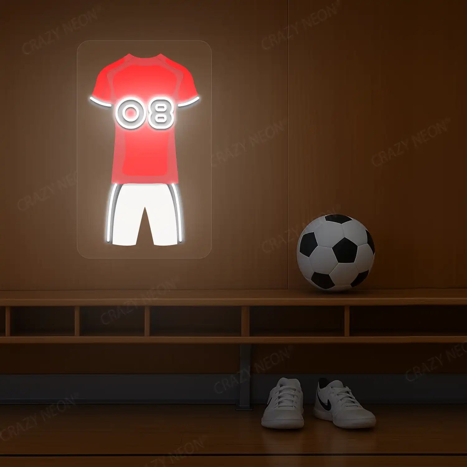 Red football jersey neon artwork with number 08 glowing on a wooden wall
