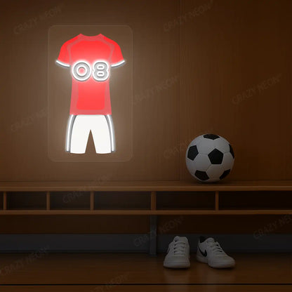 Red football jersey neon artwork with number 08 glowing on a wooden wall