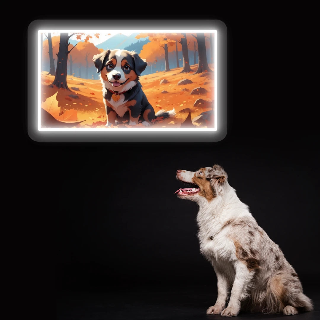 Autumn Forest Australian Shepherd Puppy Neon Artwork in White Color