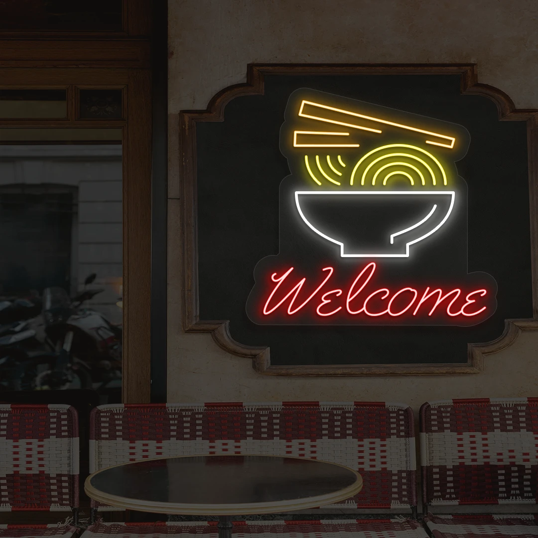 red white yellow and orange welcome noodle bowl neon sign mounted on a wall