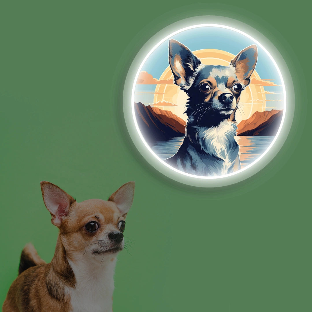 Sunset Lake Chihuahua Portrait Neon Artwork in White color