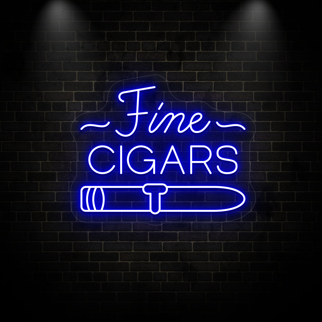 blue Fine cigars retro bar vintage neon sign mounted on a wall