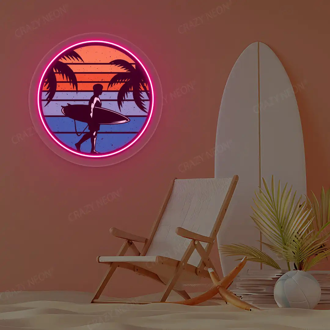pink surfer silhouette tropical sunset neon artwork mounted on a wall
