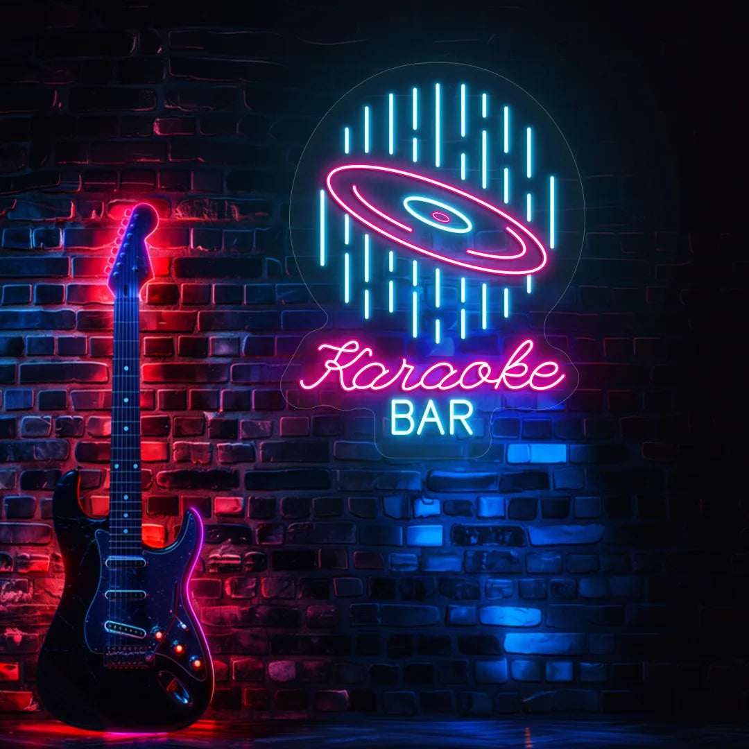Karaoke Bar Night Neon Sign in ice blue and pink colour mounted on wall