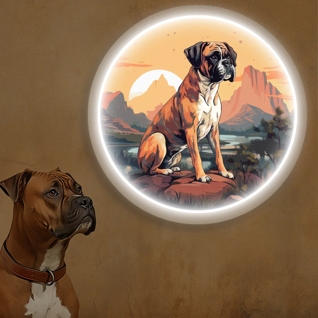 Desert Sunset Boxer Dog Neon Artwork in White Color