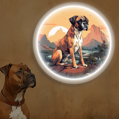Desert Sunset Boxer Dog Neon Artwork in White Color
