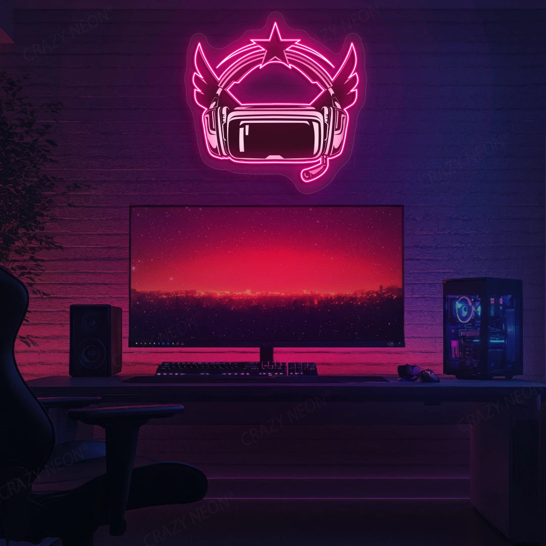 VR Powered Headphone Neon Artwork in pink color