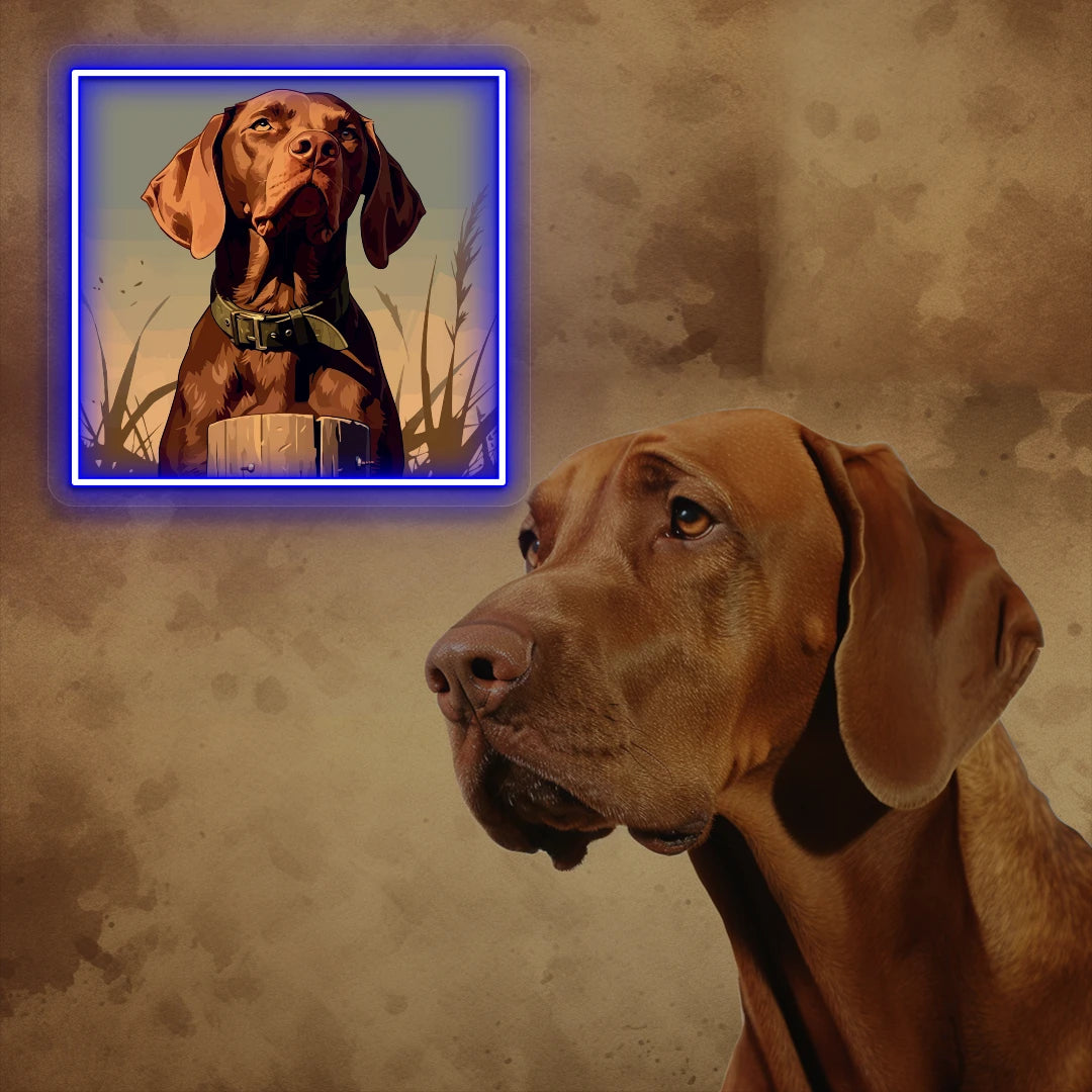 Vizsla Close up Portrait Neon Artwork in blue color