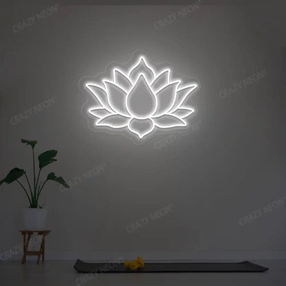 Lotus Flower Neon Sign lighting up in white color in a yoga room