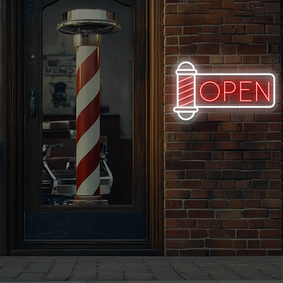 Barber Pole Open Neon Sign in Red Color