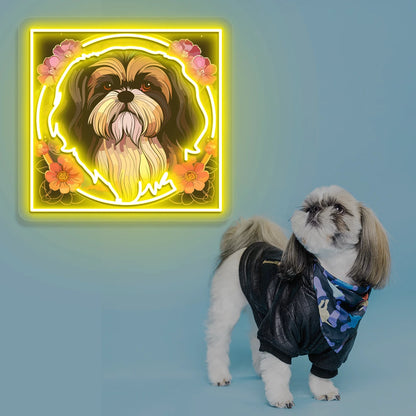 Floral Halo Shih Tzu Portrait Neon Artwork in yellow color