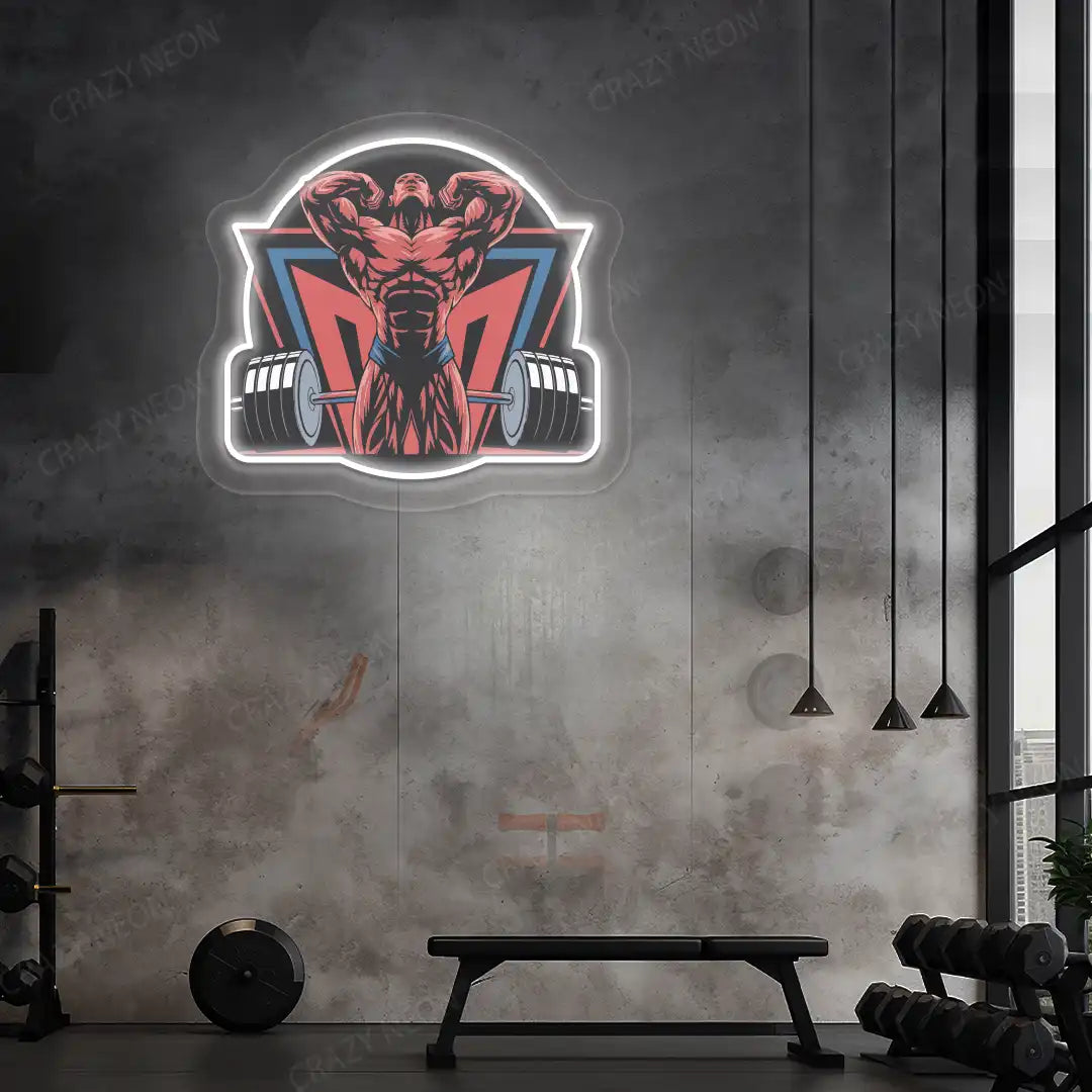 white powerlifter era gym neon artwork mounted on a wall