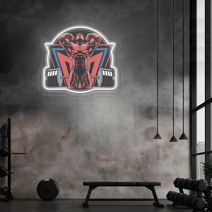white powerlifter era gym neon artwork mounted on a wall