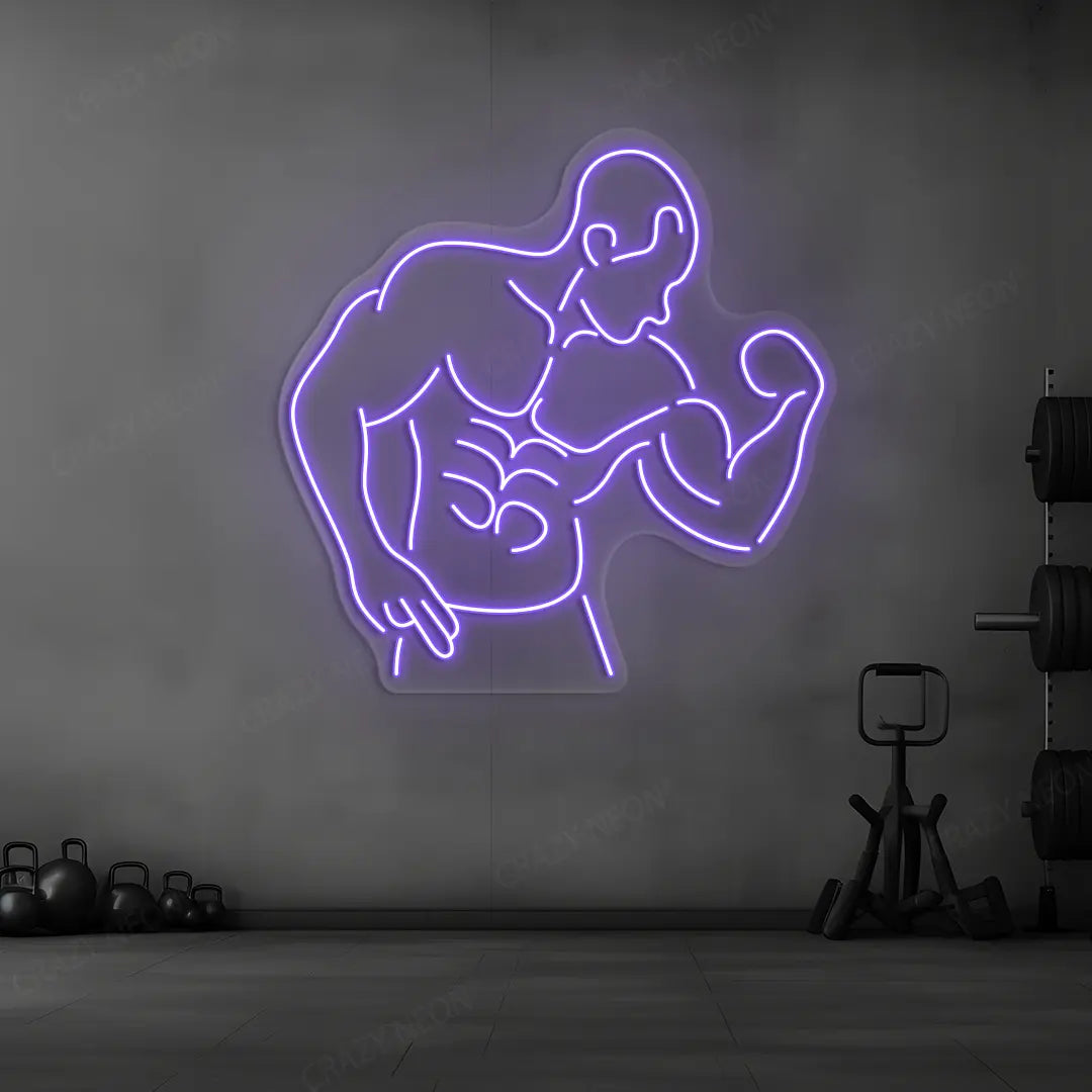 purple muscle man flex neon sign mounted on a wall