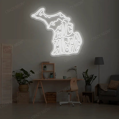 MICHIGAN Map Neon Sign lighting up in white color in a room
