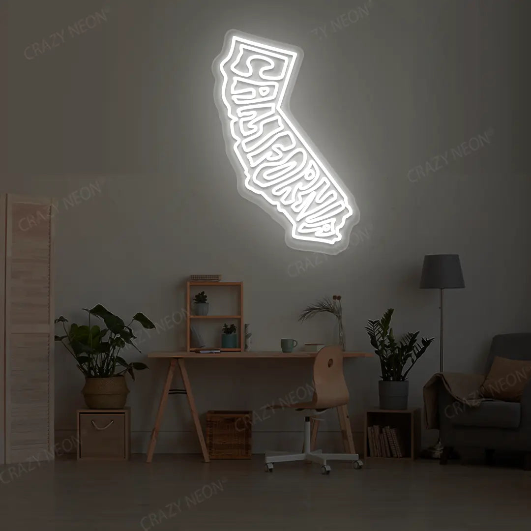 CALIFORNIA Map Neon Sign lighting up in white color in a room