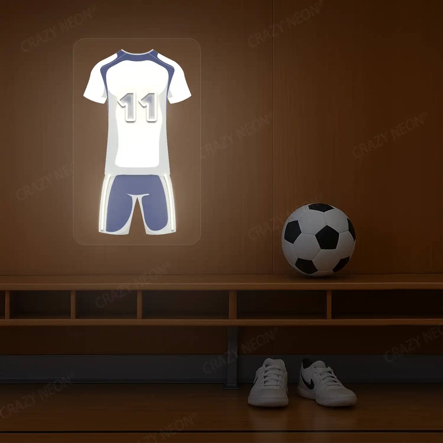 White and navy blue football jersey neon artwork with number 11 glowing on a wooden wall