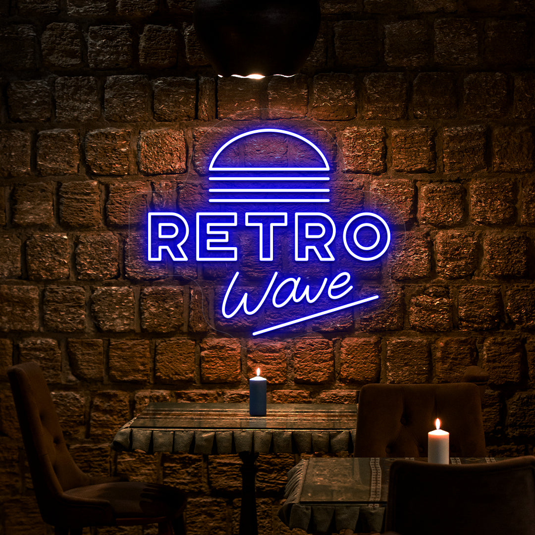 blue retro wave vintage neon sign mounted on a wall