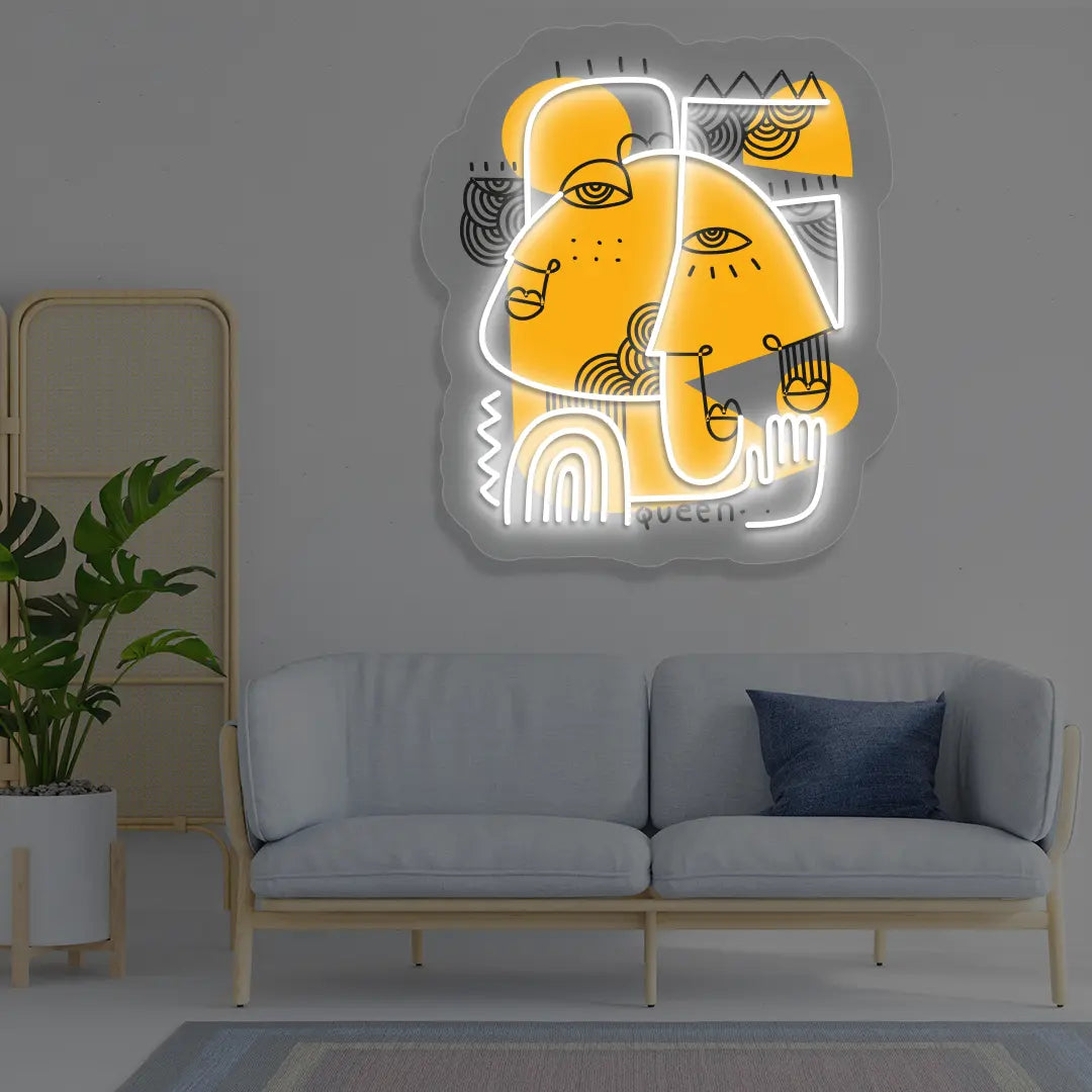 white golden muse abstract Neon Artwork Sign mounted on a wall