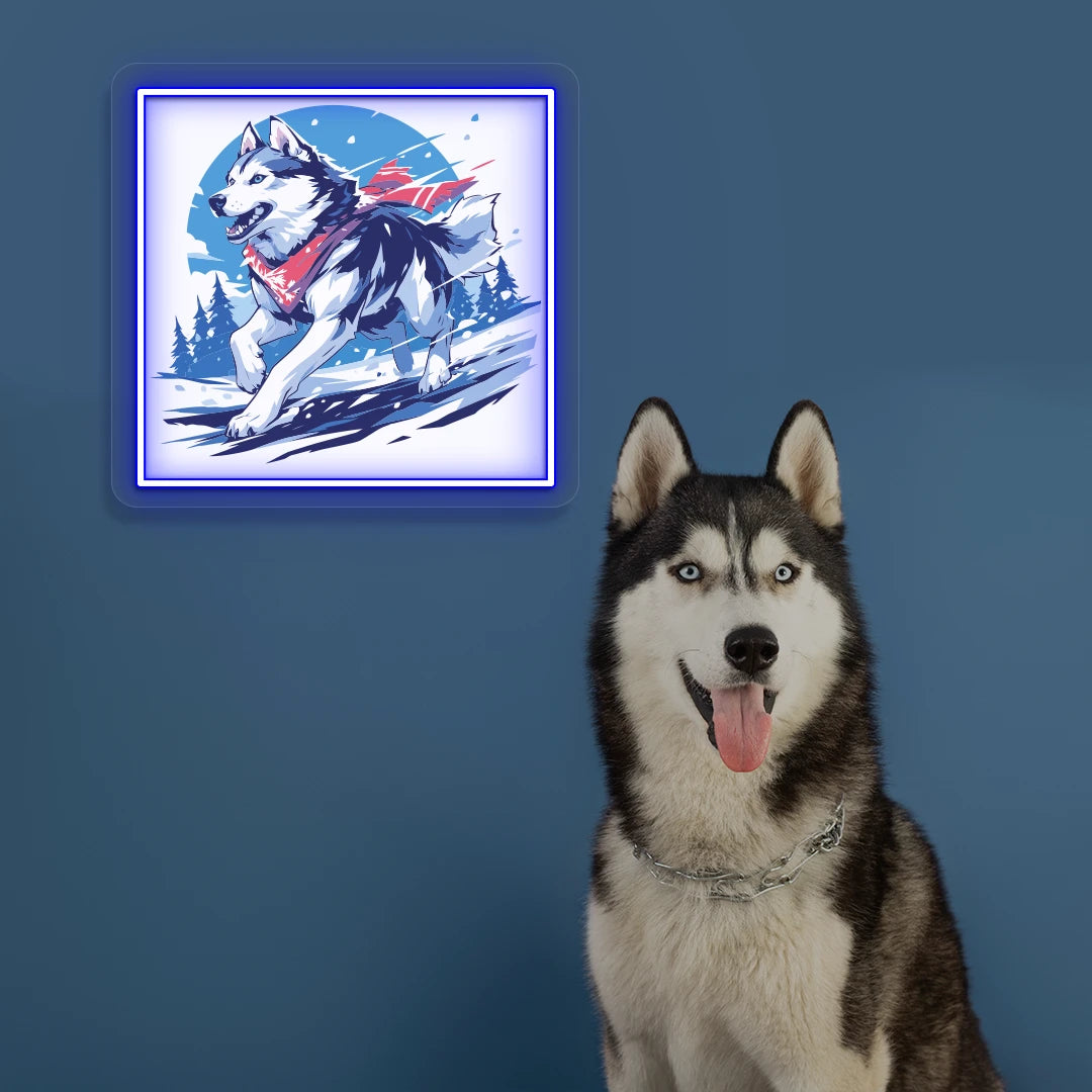 Snow Trail Husky Portrait Neon Artwork in Blue color