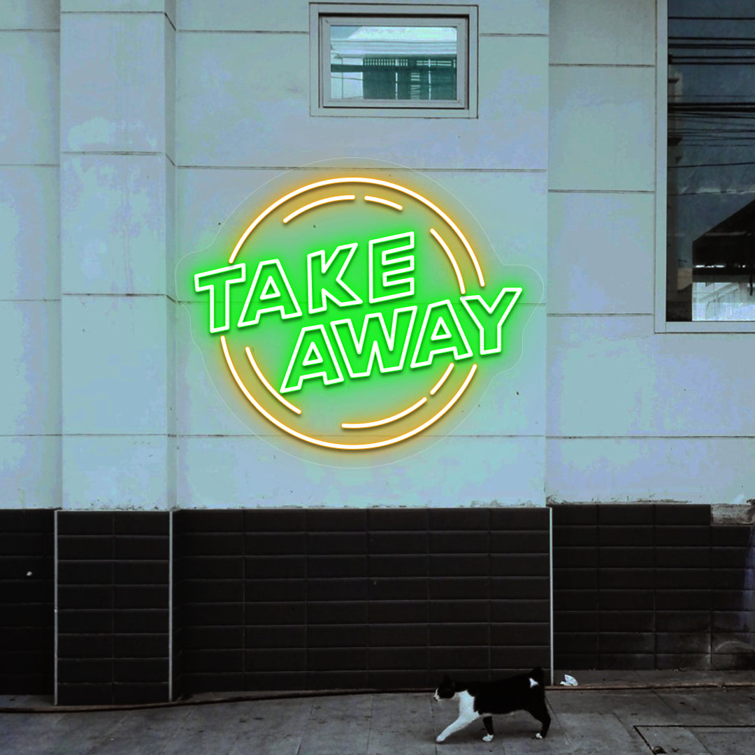 green and orange urban take away retro neon sign mounted on a wall
