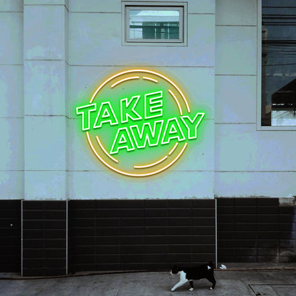 green and orange urban take away retro neon sign mounted on a wall