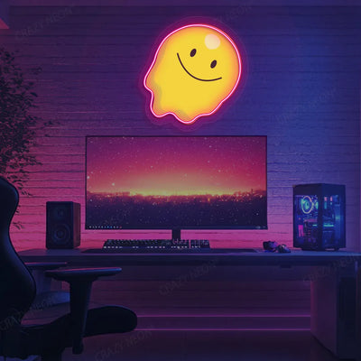 Melting Smiley Face Emoji Neon Artwork | Pink