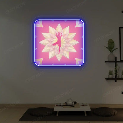 Vrikshasana Mandala Yoga Neon Artwork lighting up in blue color in a yoga room