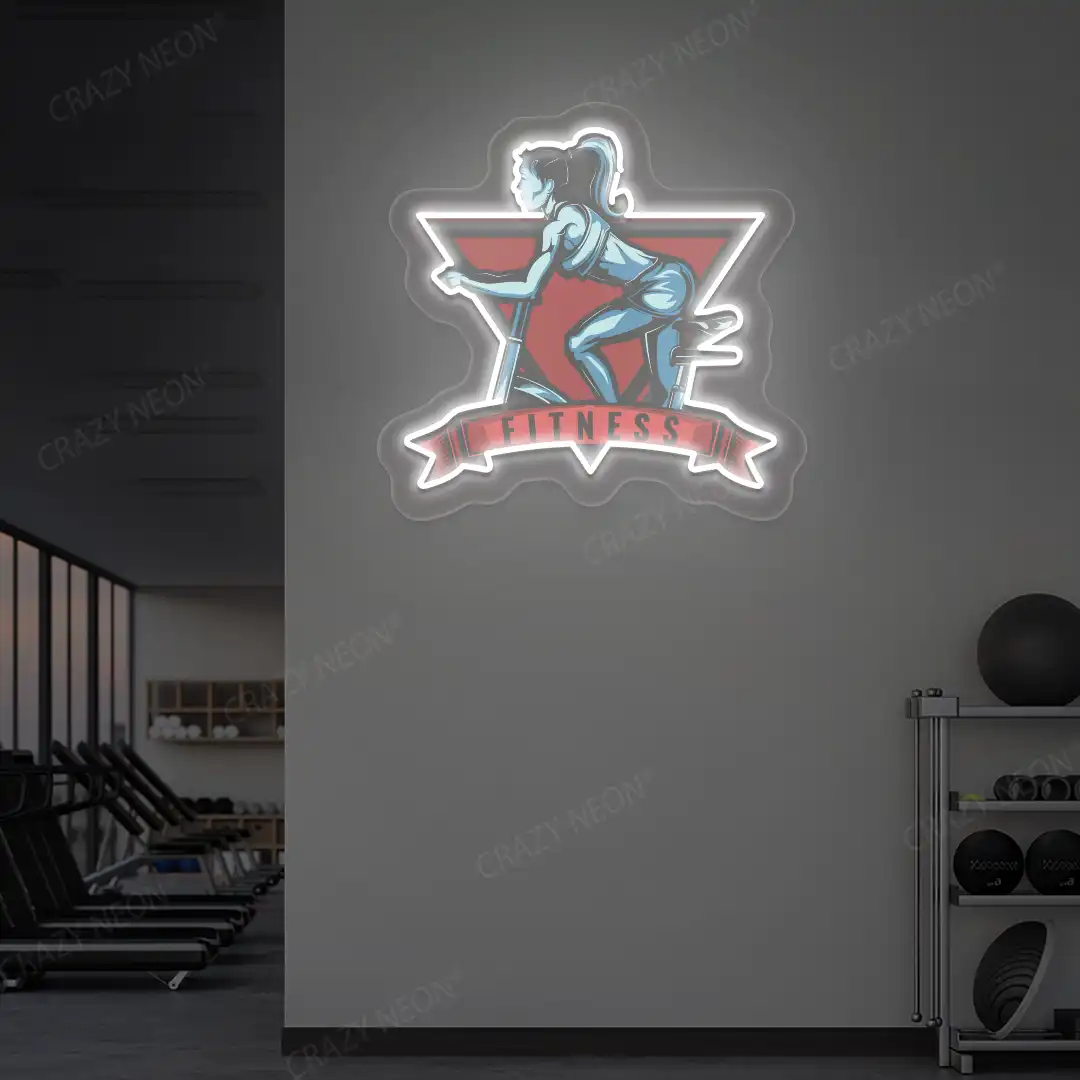 white girl spinning fitness neon artwork mounted on a wall