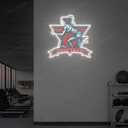white girl spinning fitness neon artwork mounted on a wall