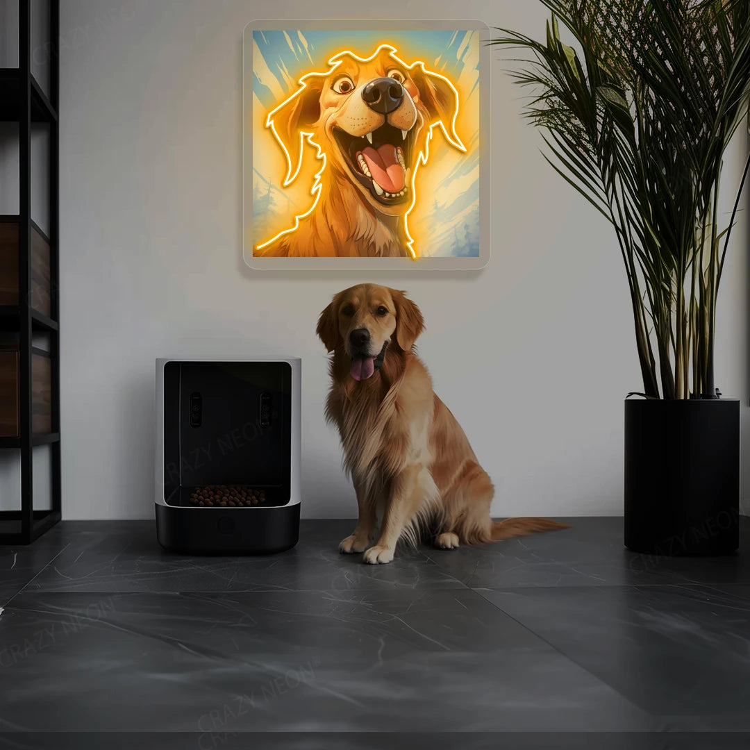 Goofy Smile Golden Retriever Neon Artwork in orange color