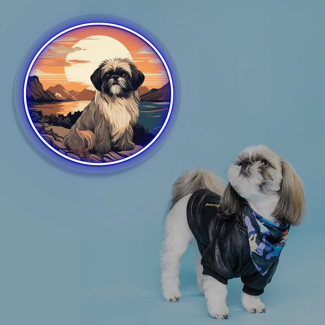 Sunset Lake Shih Tzu Portrait Neon Artwork in blue color