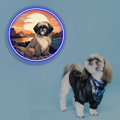 Sunset Lake Shih Tzu Portrait Neon Artwork in blue color