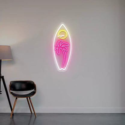 pink yellow and white tropical surfboard neon sign mounted on a wall