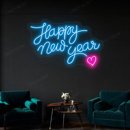 Happy New Year Heart Neon Sign | Ice Blue 