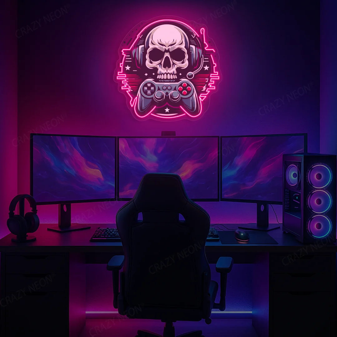 Gamer Skull Headphone Neon Artwork in Pink Color