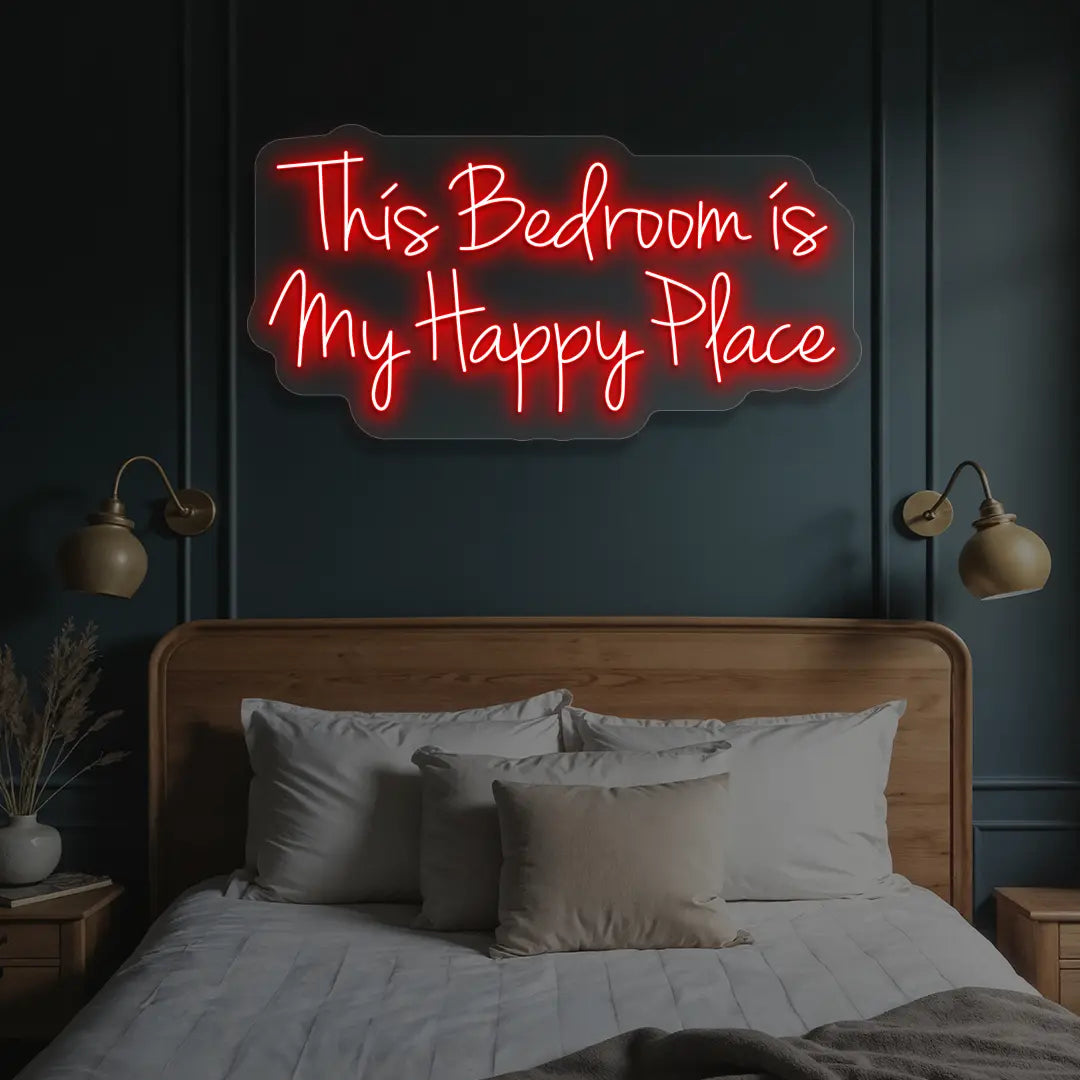 red this bedroom is my happy place neon sign mounted on a wall