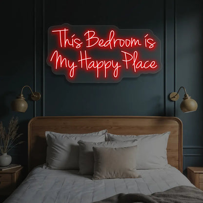 red this bedroom is my happy place neon sign mounted on a wall