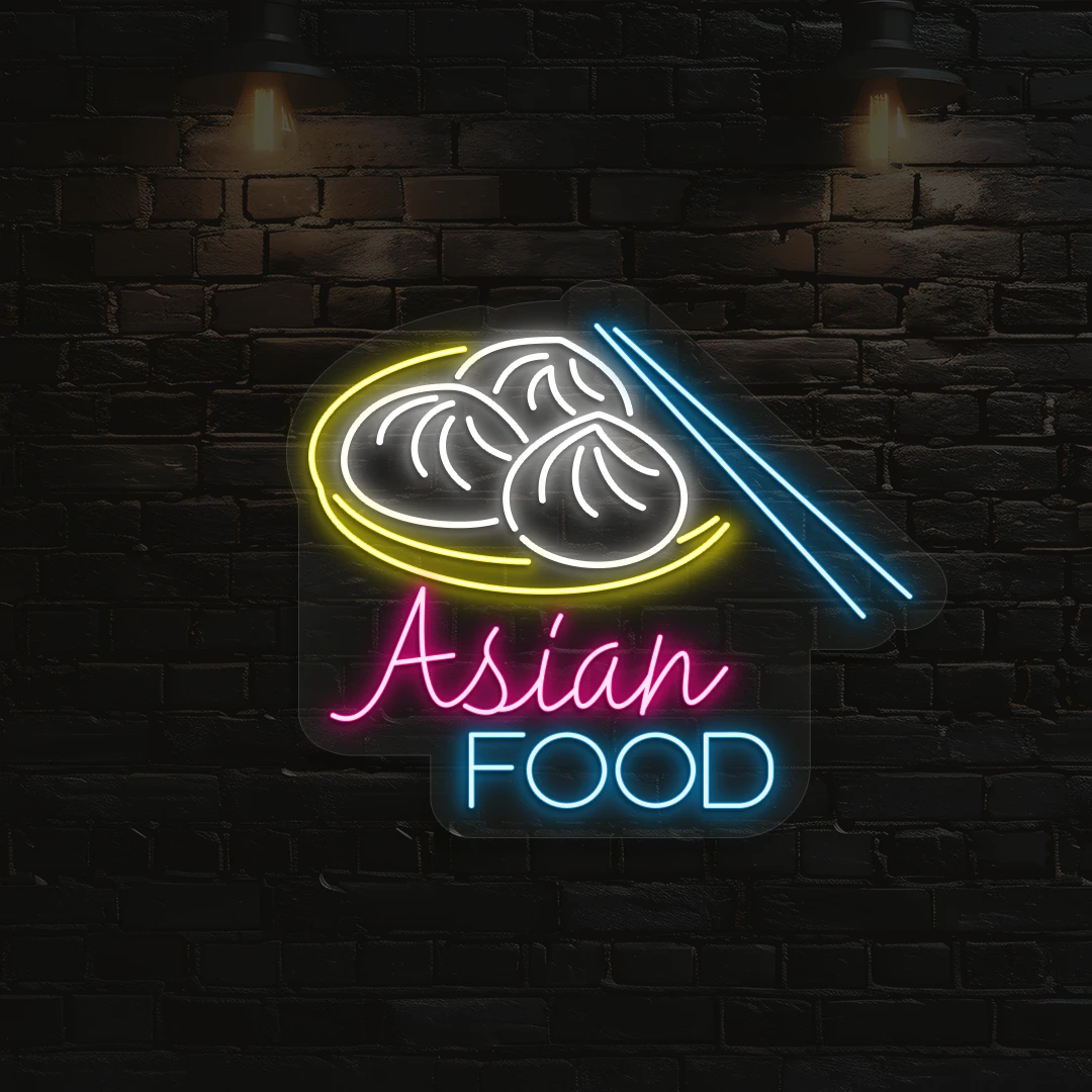 ice blue pink white and yellow bao asian food neon sign mounted on a wall