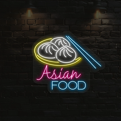 ice blue pink white and yellow bao asian food neon sign mounted on a wall
