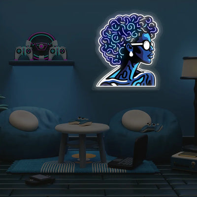 Afro Baddie Neon Artwork in Blue color