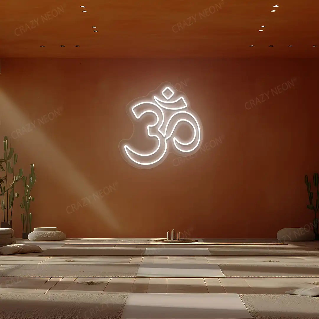 Om Symbol Neon Sign lighting up in white color in a yoga room