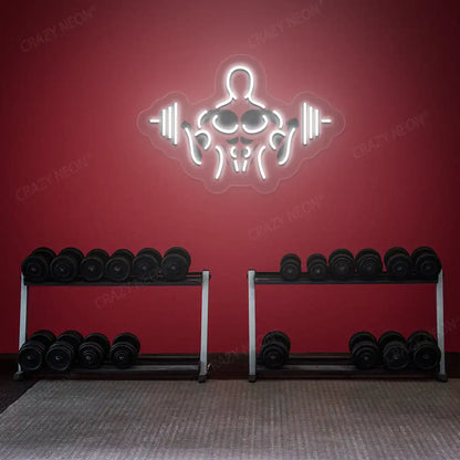 white gymer outline neon artwork mounted on a wall