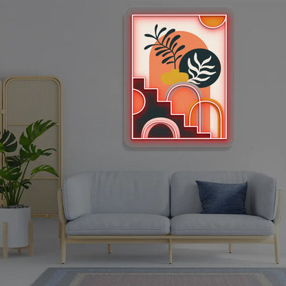 Boho Botanical Staircase Abstract Neon Artwork in Red Color