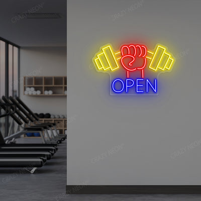 multi color open gym neon sign mounted on a wall