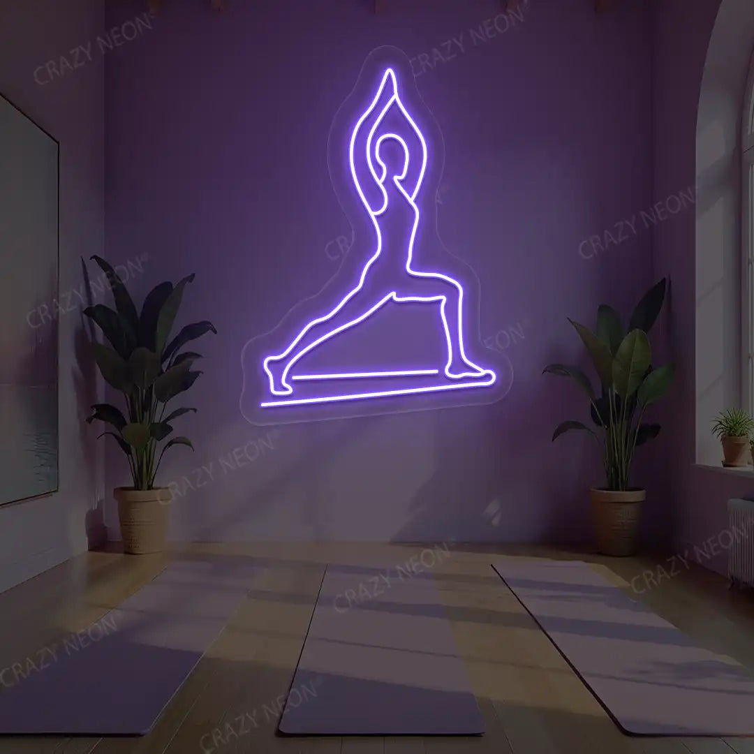 Virabhadrasana I Yoga Neon Sign lighting up in purple color in a yoga room
