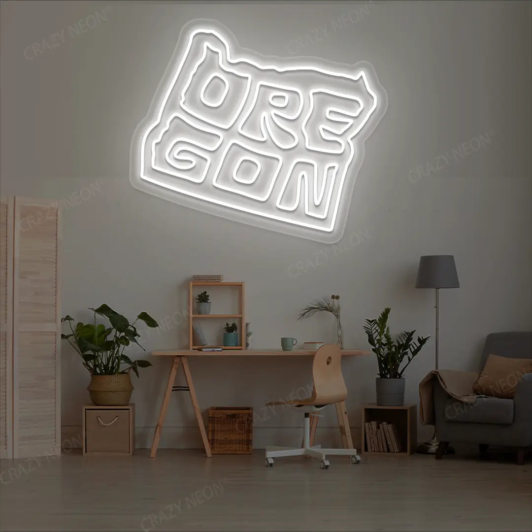 OREGON Map Neon Sign lighting up in white color in a room