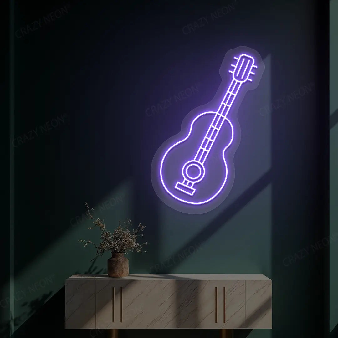 purple acoustic guitar neon sign mounted on a wall